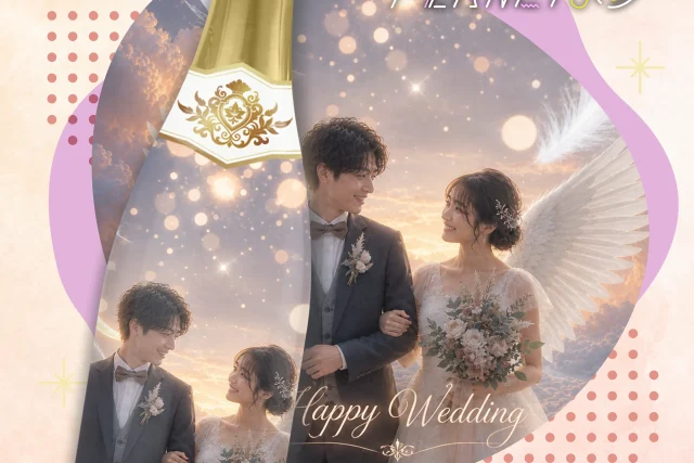 結婚式の引き出物・ウェルカムドリンク向けに制作したオリジナルシャンパン。夕焼け空に佇む新郎新婦の写真と天使の羽、ゴールドの装飾エンブレムを組み合わせた幻想的なHappy Weddingラベル。オリシャンプラネットの制作実績