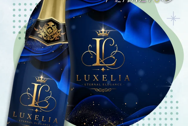LUXELIA(ラクセリア)様の店舗オリジナルシャンパン。Eternal Eleganceをコンセプトに、王冠モチーフとゴールドの装飾を青のシルクで包んだ高級感あふれるラベルデザイン。オリシャンプラネットの制作実績