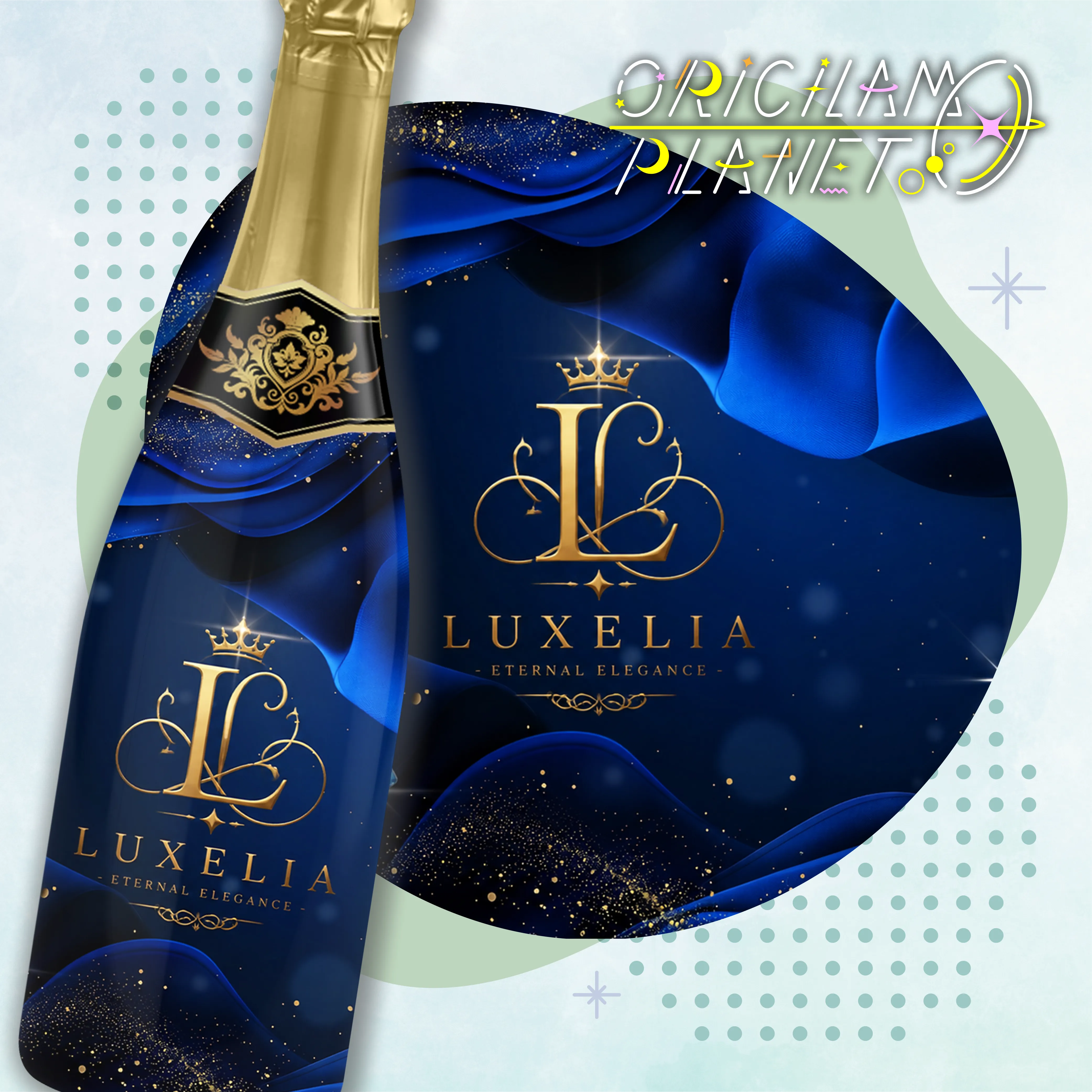 LUXELIA(ラクセリア)様の店舗オリジナルシャンパン。Eternal Eleganceをコンセプトに、王冠モチーフとゴールドの装飾を青のシルクで包んだ高級感あふれるラベルデザイン。オリシャンプラネットの制作実績